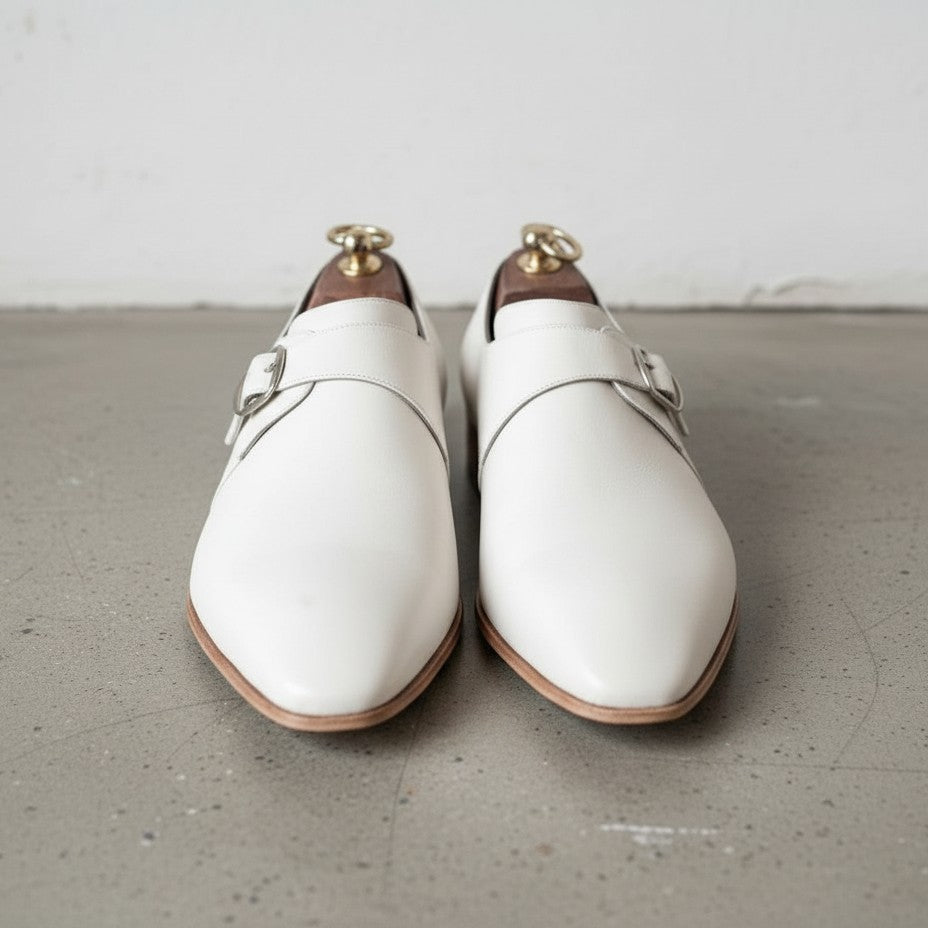 Men's Cream White Plain-Toe Leather Monk Strap Shoes — Attley
