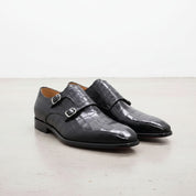 Handcrafted Men's Black Crocodile Pattern Leather Monk Shoes