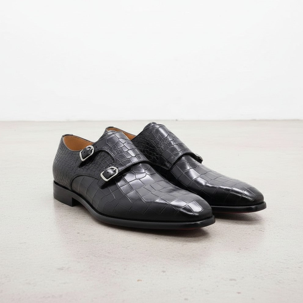 Handcrafted Men's Black Crocodile Pattern Leather Monk Shoes