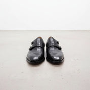Handcrafted Men's Black Crocodile Pattern Leather Monk Shoes