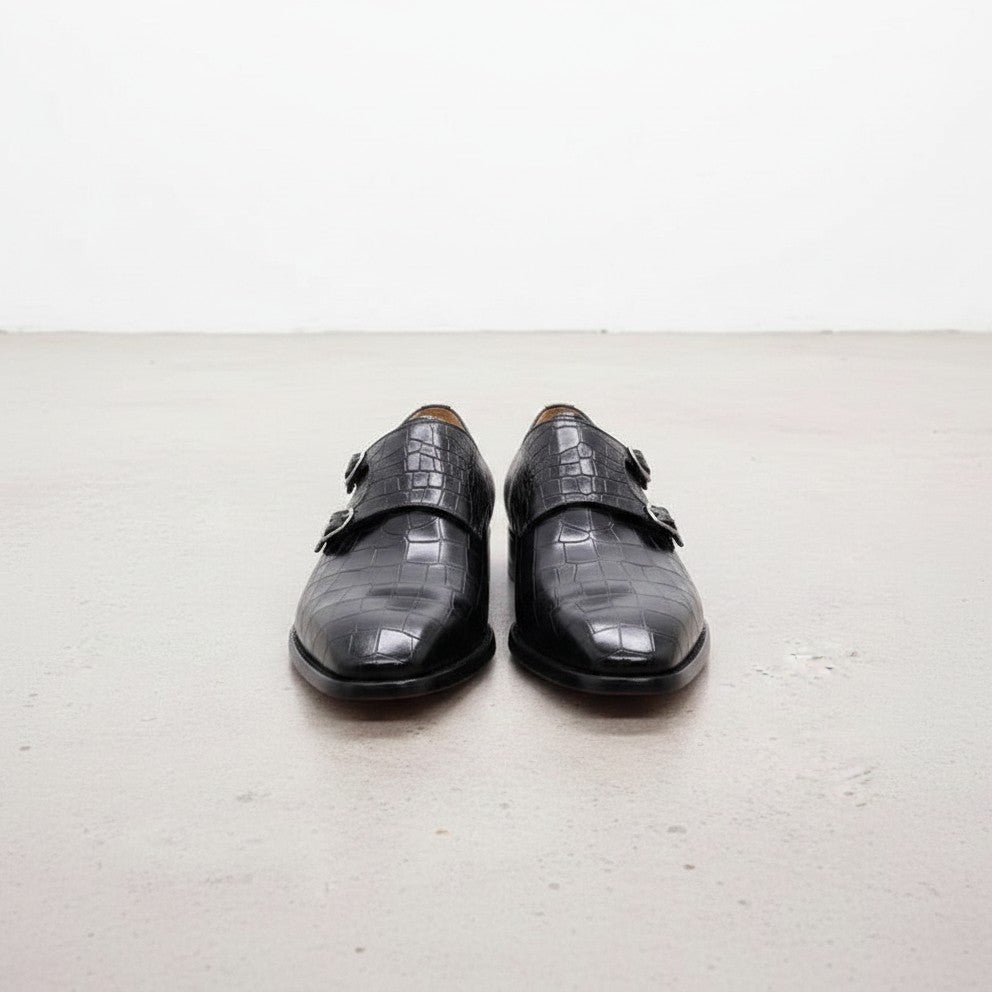 Handcrafted Men's Black Crocodile Pattern Leather Monk Shoes
