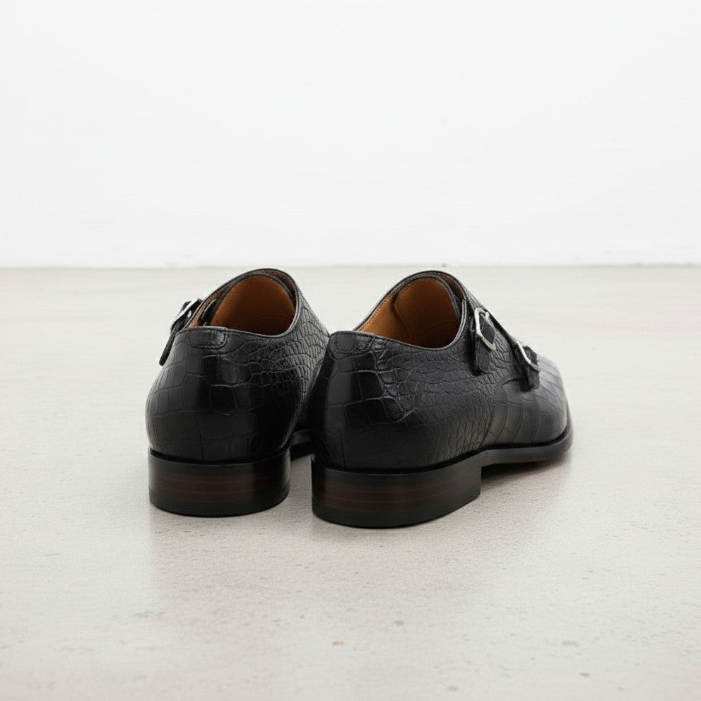 Handcrafted Men's Black Crocodile Pattern Leather Monk Shoes