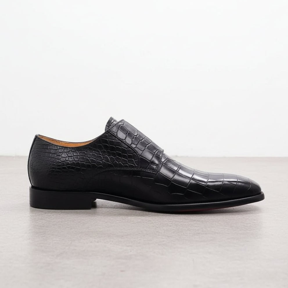 Handcrafted Men's Black Crocodile Pattern Leather Monk Shoes