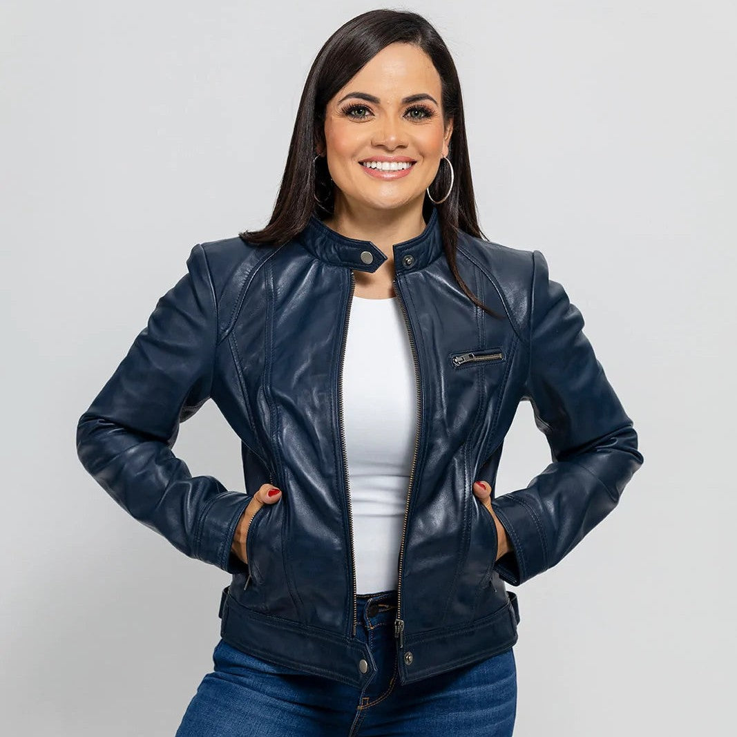 Women's Blue Dyed Leather Jacket, Stylish Women's Leather Jacket in Blue