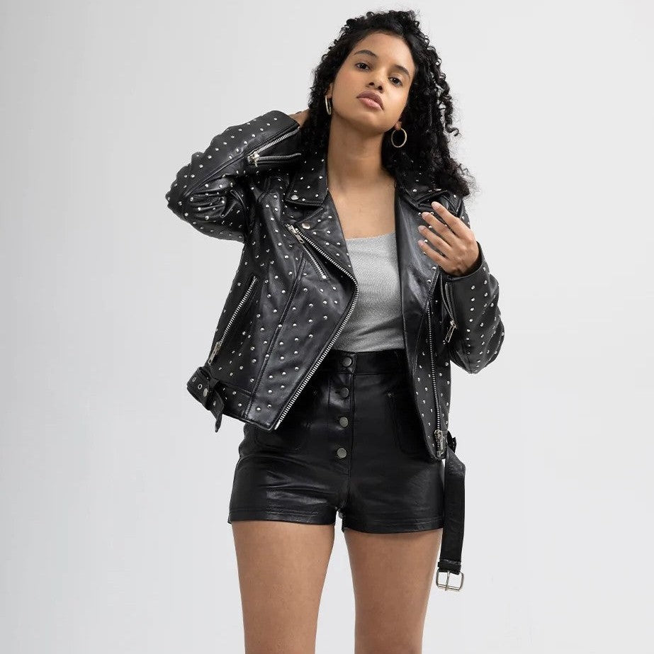 Gothic Women's Lambskin Leather Jacket, Asymmetrical Studded Black Motorcycle Jacket