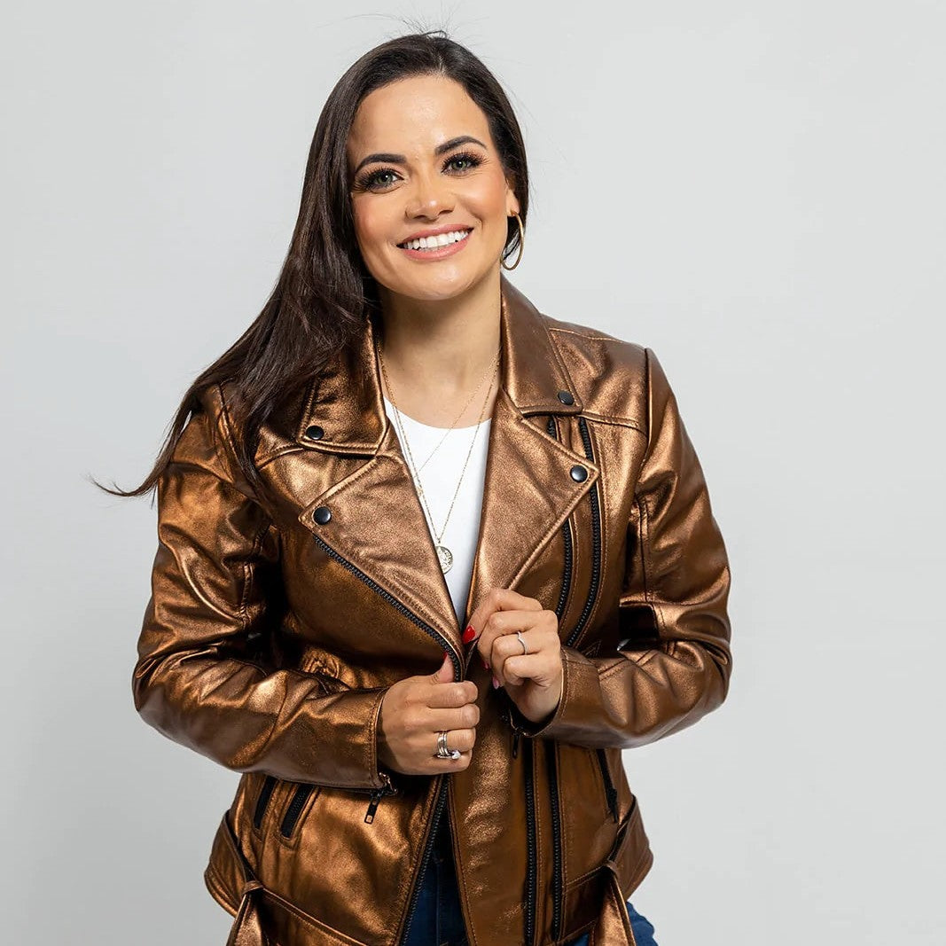 Women's Gothic Lambskin Leather Jacket, Bronze Gothic Leather Jacket for Women