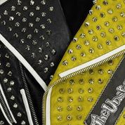 Handmade Mens Brando Studded Spikes Punk Rock Motorcycle Multicolor Leather Jacket