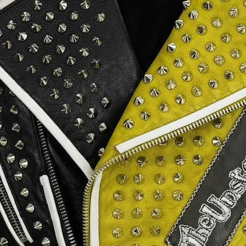 Handmade Mens Brando Studded Spikes Punk Rock Motorcycle Multicolor Leather Jacket