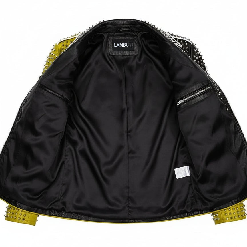 Handmade Mens Brando Studded Spikes Punk Rock Motorcycle Multicolor Leather Jacket