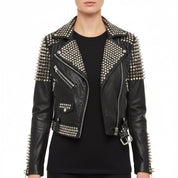 Women's Handmade Studded Biker Leather Jacket in Punk Rock Style