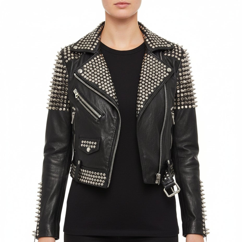 Women's Handmade Studded Biker Leather Jacket in Punk Rock Style