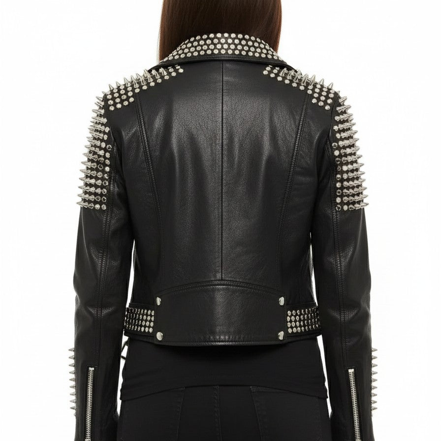 Women's Handmade Studded Biker Leather Jacket in Punk Rock Style