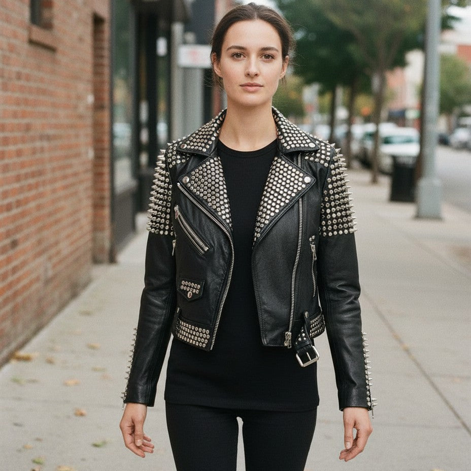 Women's Black Studded Leather Biker Jacket — Basford