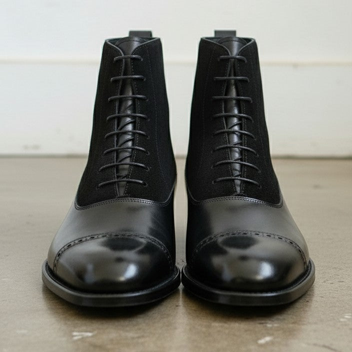 Handmade Men's Black Leather and Suede Cap Toe Lace Up Ankle Dress Boots