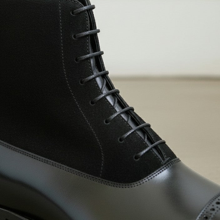 Handmade Men's Black Leather and Suede Cap Toe Lace Up Ankle Dress Boots
