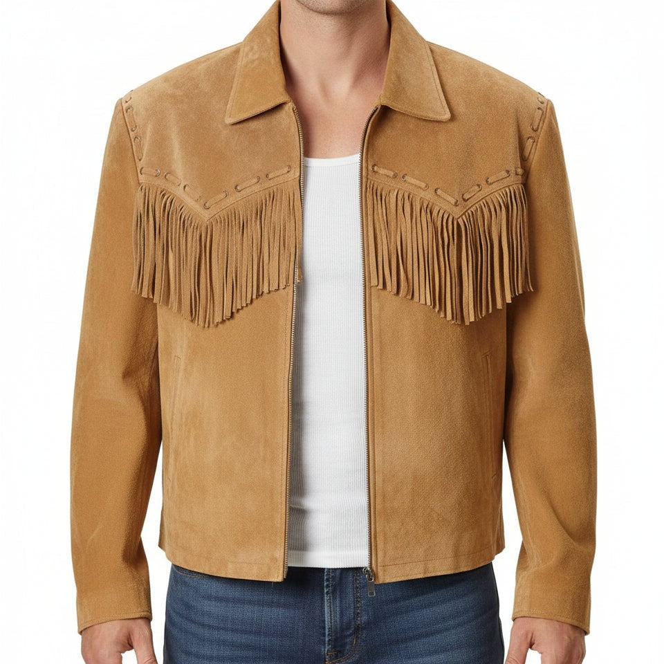 Handmade Men's Brown Western Suede Jacket With Fringe Detail