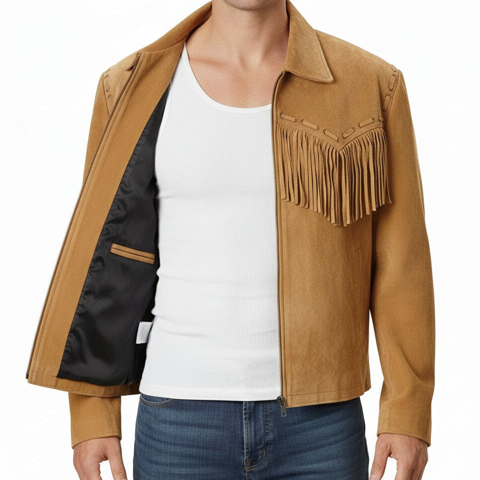 Handmade Men's Brown Western Suede Jacket With Fringe Detail