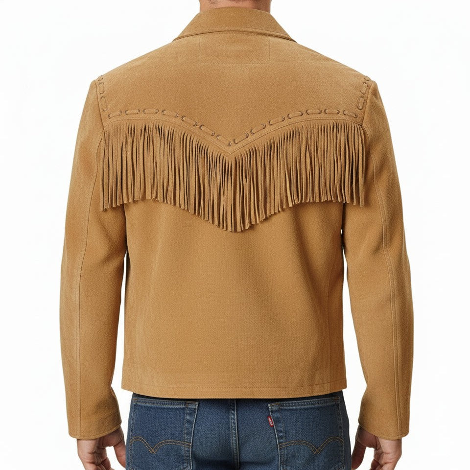 Handmade Men's Brown Western Suede Jacket With Fringe Detail