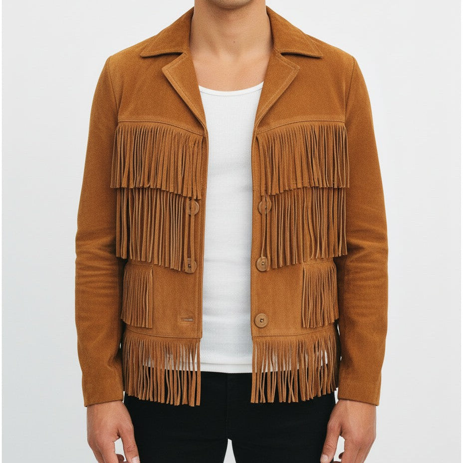 Handmade Men’s Brown Suede Casual Western Fringe Jacket
