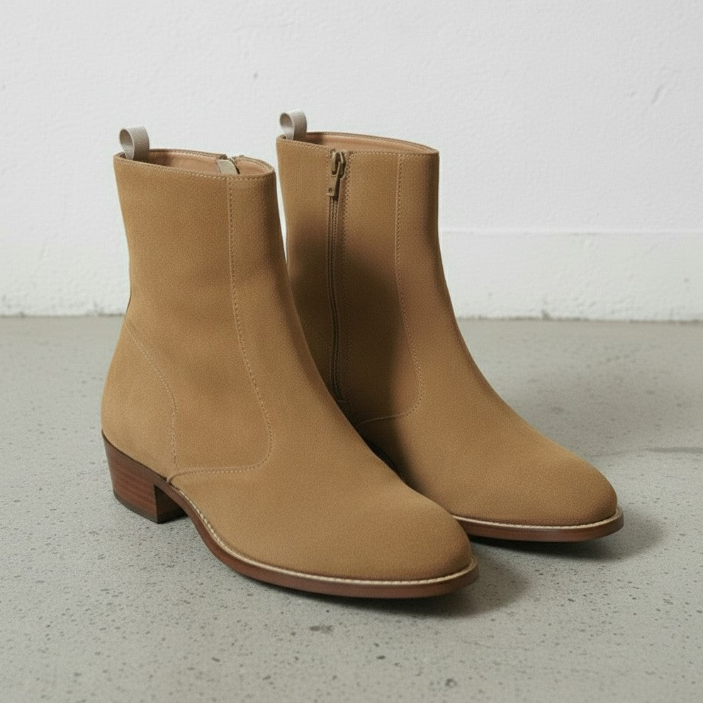 Handmade Men's Tan Color Suede Side Zipper Ankle Boots