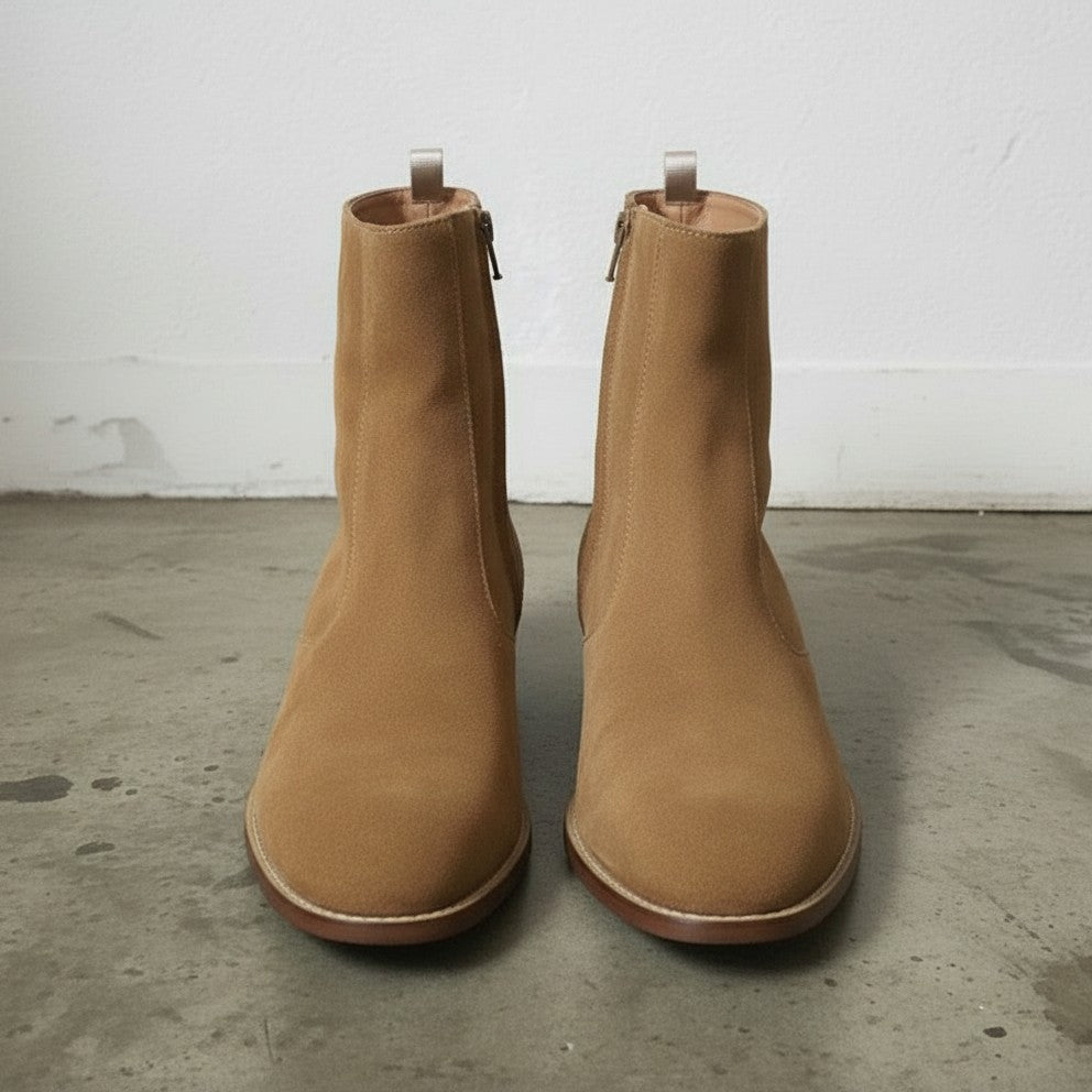 Handmade Men's Tan Color Suede Side Zipper Ankle Boots