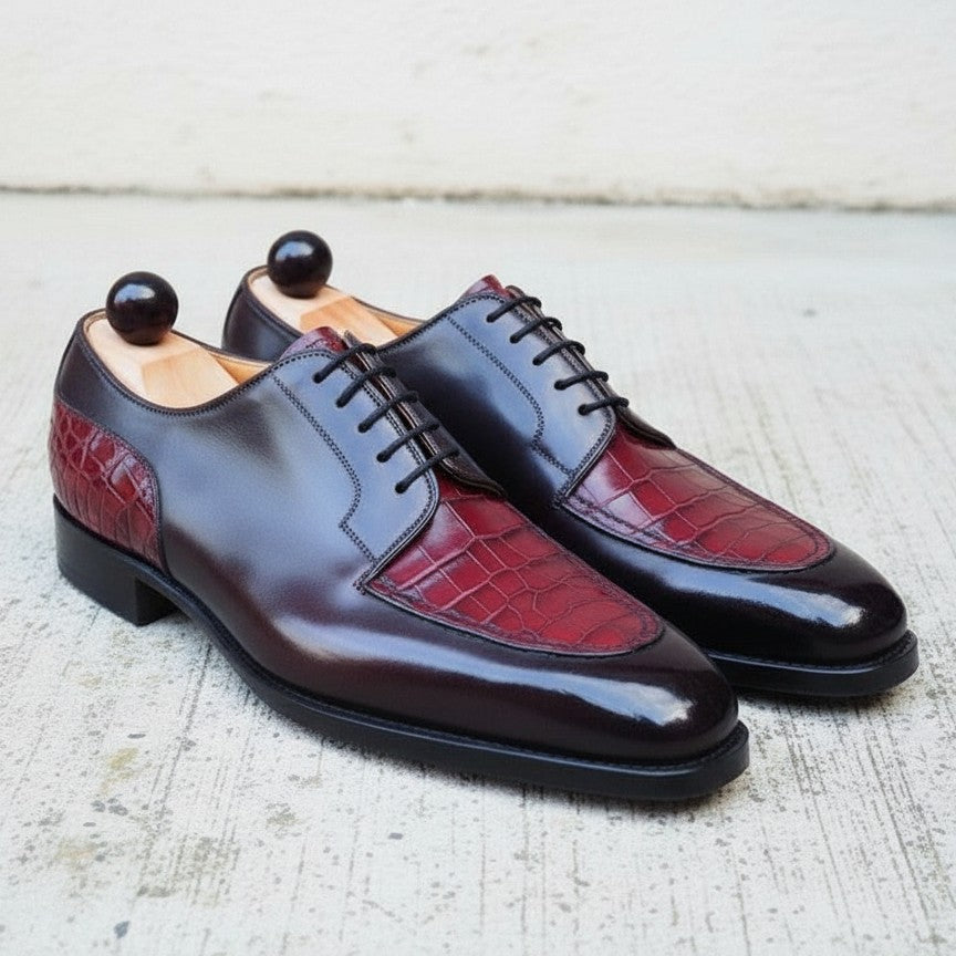 Handmade Men's Derby Lace Up Crocodile Texture Leather Round Toe Dress Shoe