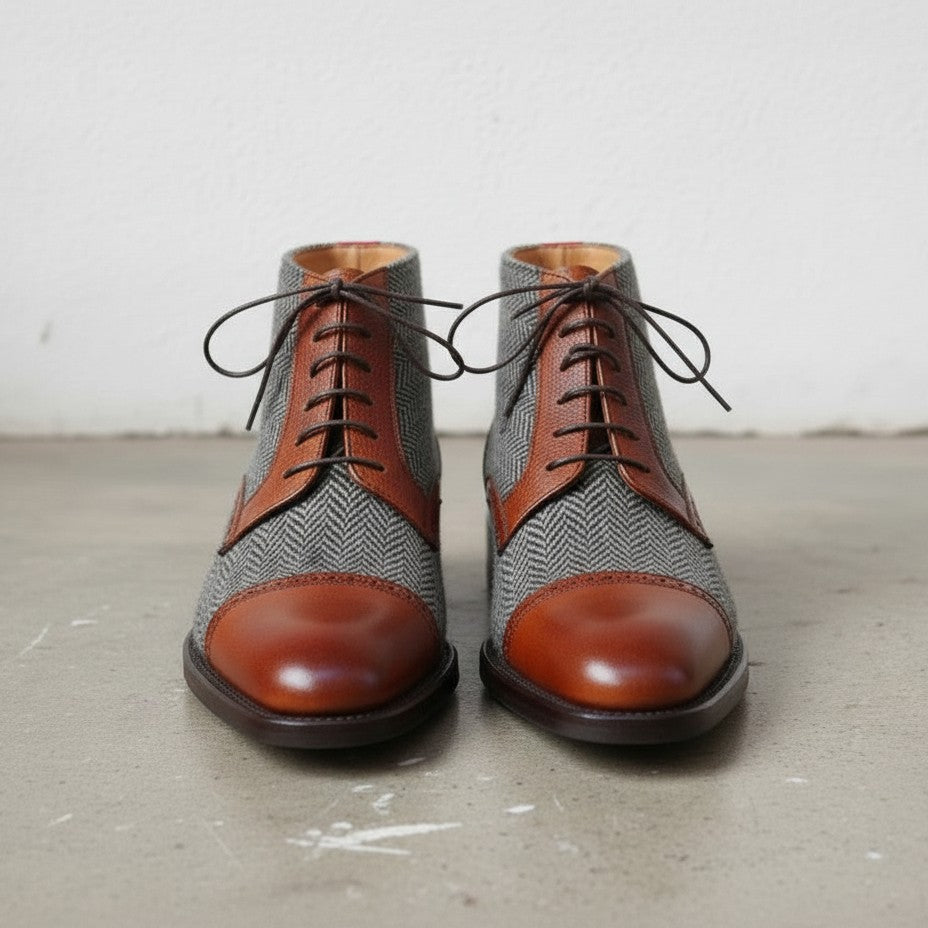 Handmade Men's Two Tone Ankle Boots, Men's Brown and Gray Ankle Boots