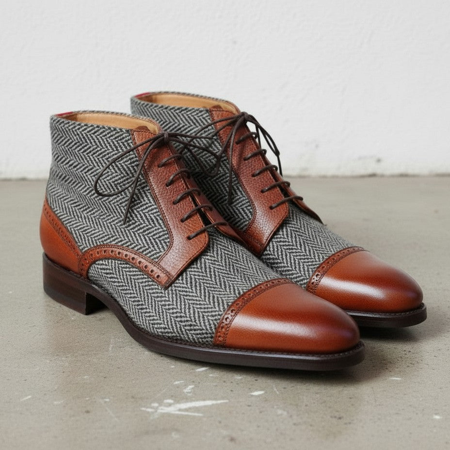 Handmade Men's Two Tone Ankle Boots, Men's Brown and Gray Ankle Boots