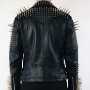 Women's Handmade Long Spiked/studded Black Leather Biker Jacket
