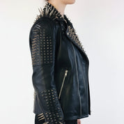 Women's Handmade Long Spiked/studded Black Leather Biker Jacket