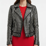 Handmade Women All Over Silver Studded Moto Jacket, 's Fashion Moto Jacket