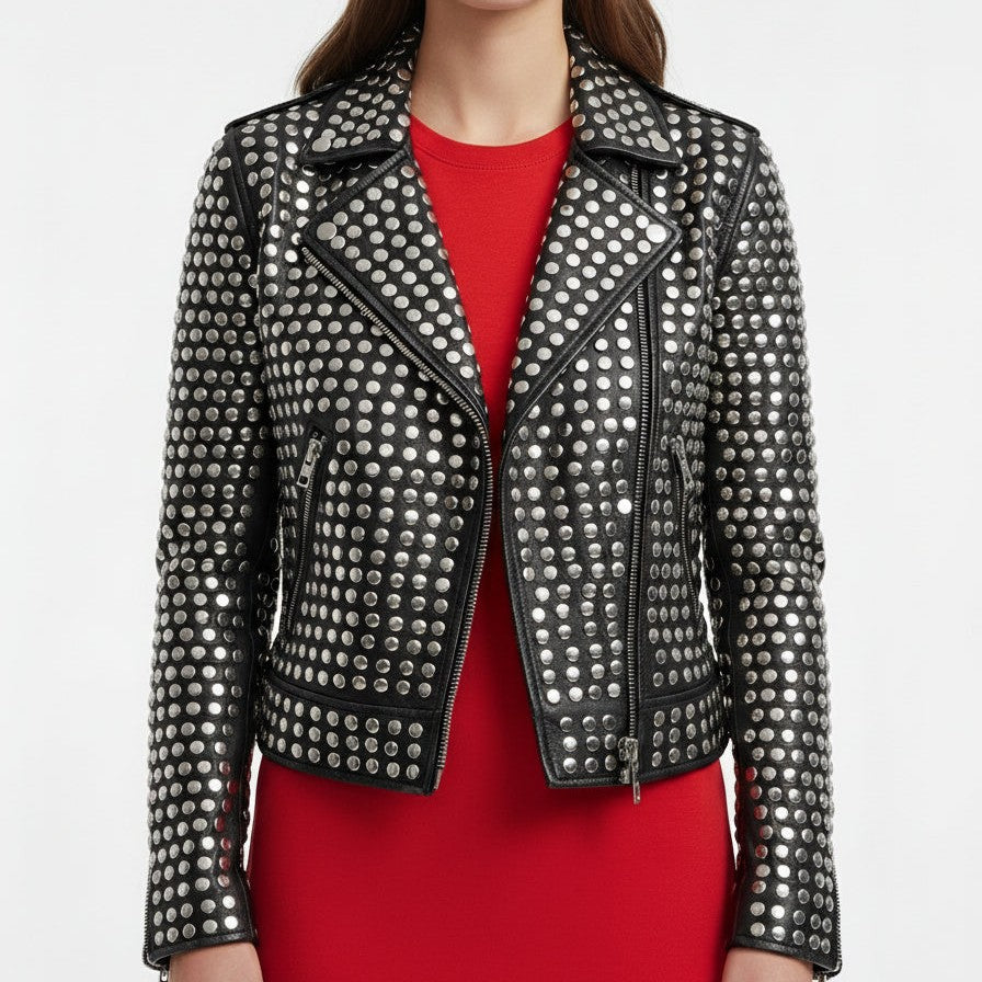 Handmade Women All Over Silver Studded Moto Jacket, 's Fashion Moto Jacket