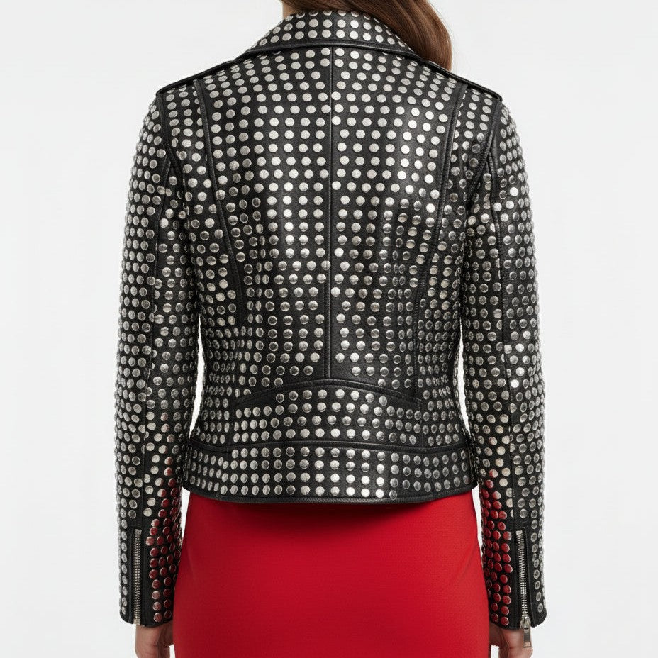 Handmade Women All Over Silver Studded Moto Jacket, 's Fashion Moto Jacket