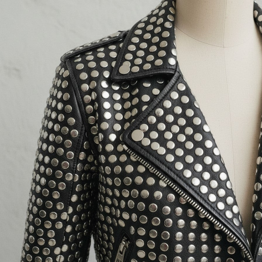 Handmade Women All Over Silver Studded Moto Jacket, 's Fashion Moto Jacket