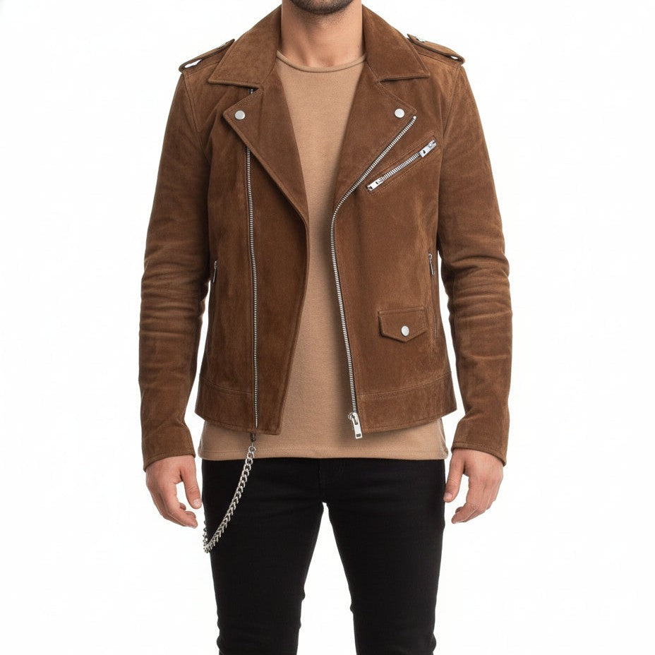 Handmade Men's Tan Brown Suede Biker Jacket, Men Brown Biker Suede  Jacket