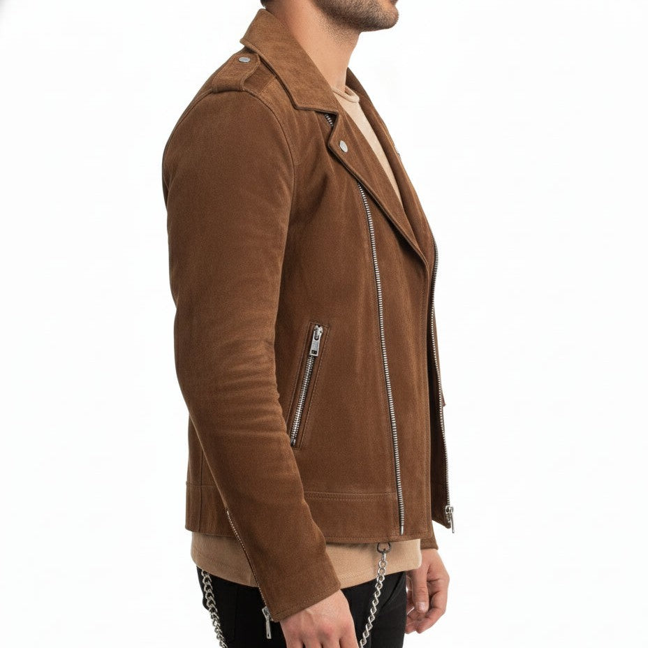 Handmade Men's Tan Brown Suede Biker Jacket, Men Brown Biker Suede  Jacket