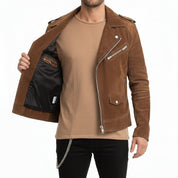 Handmade Men's Tan Brown Suede Biker Jacket, Men Brown Biker Suede  Jacket