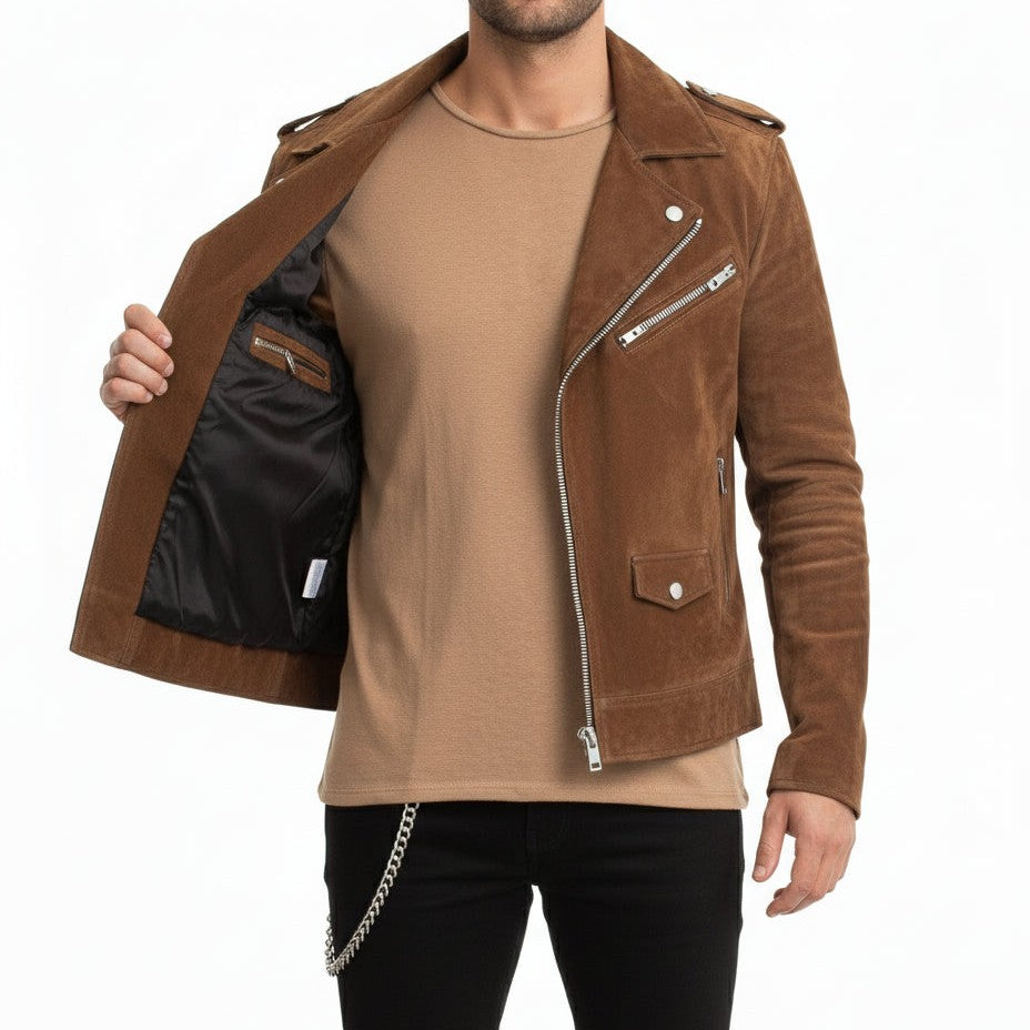 Handmade Men's Tan Brown Suede Biker Jacket, Men Brown Biker Suede  Jacket