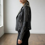 Handmade Women Alligator Textured Leather Studded and Spiked Rock Fashion Jacket