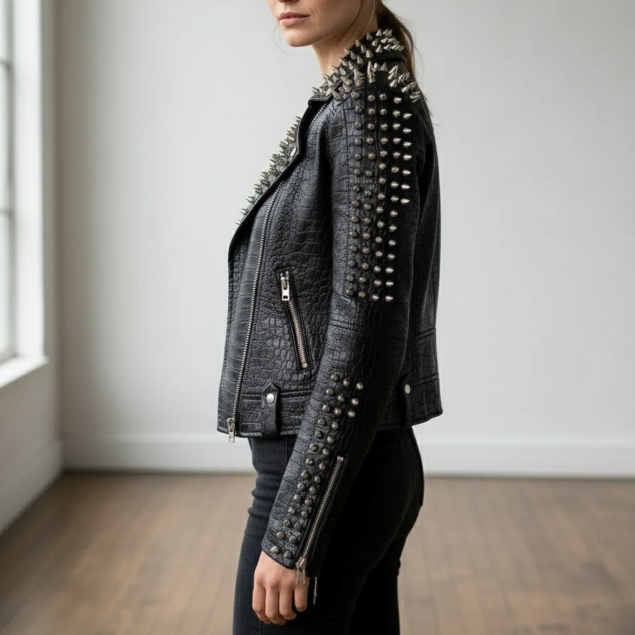 Handmade Women Alligator Textured Leather Studded and Spiked Rock Fashion Jacket