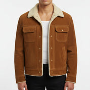 Men's Handmade Brown Suede Sherpa-Lined Trucker Jacket