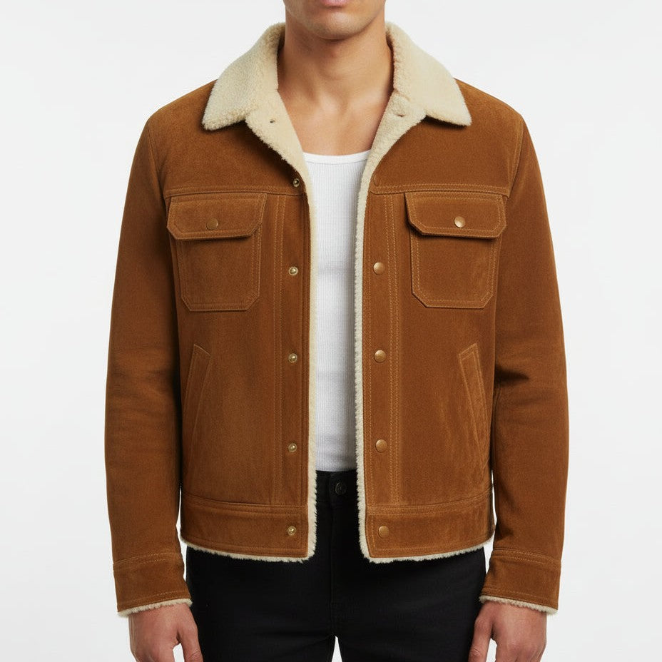 Men's Handmade Brown Suede Sherpa-Lined Trucker Jacket