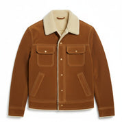 Men's Handmade Brown Suede Sherpa-Lined Trucker Jacket
