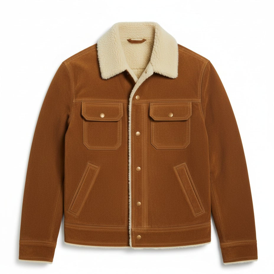 Men's Handmade Brown Suede Sherpa-Lined Trucker Jacket