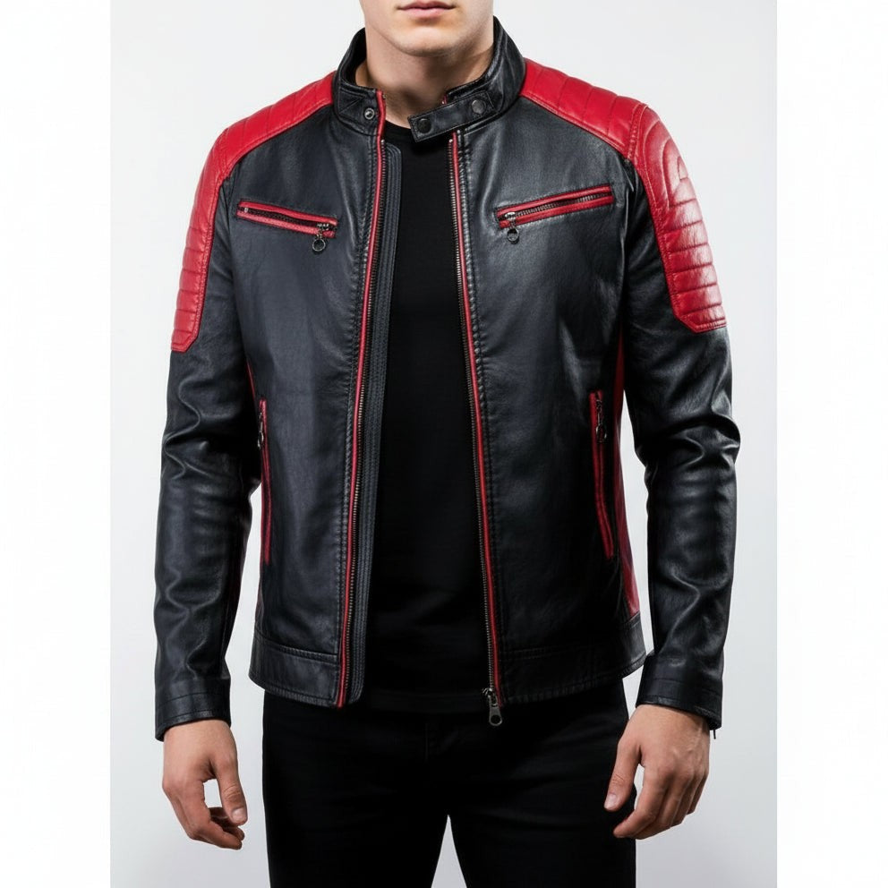 Men's Handmade Black and Red Leather Biker Jacket