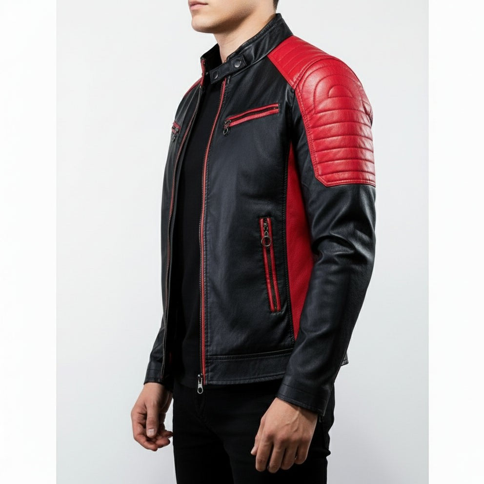 Men's Handmade Black and Red Leather Biker Jacket