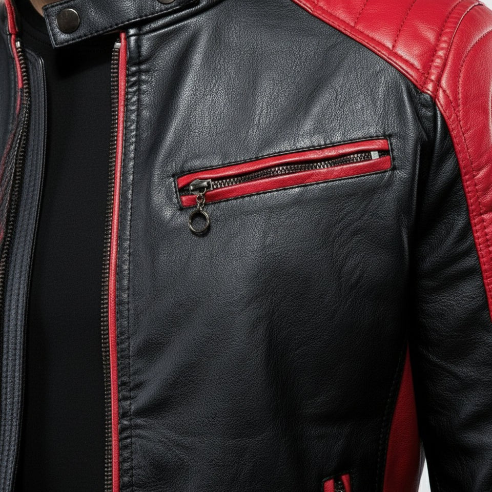 Men's Handmade Black and Red Leather Biker Jacket