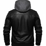 Handmade Men Black Leather Fashion Jacket with Hoodie, Bomber Style Hooded Jacket