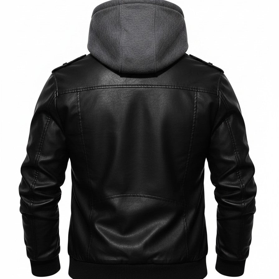 Handmade Men Black Leather Fashion Jacket with Hoodie, Bomber Style Hooded Jacket