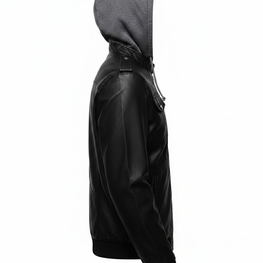 Handmade Men Black Leather Fashion Jacket with Hoodie, Bomber Style Hooded Jacket